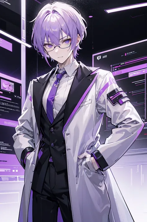 Face through torso, 1man, cyberpunk, short hair (very light purple hair, almost white, with a subtle purple tint), golden eyes, confident and sly smile, mature 20s male, wearing futuristic glasses, calculated and meticulous personality, dressed in a sleek ...