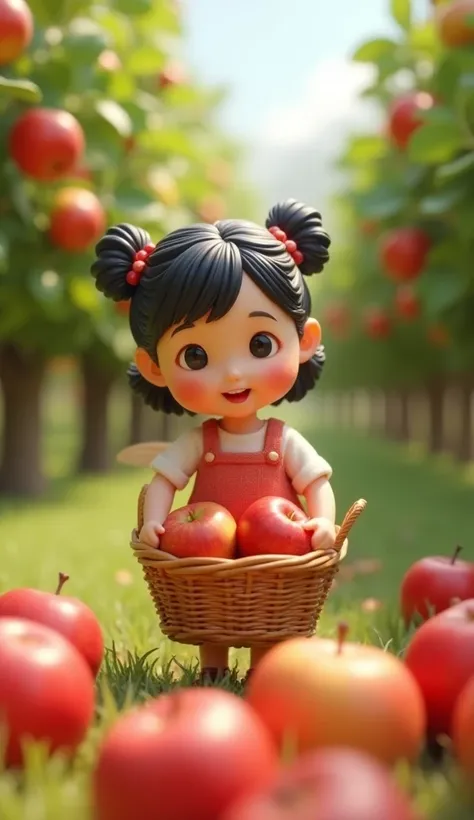 With an orchard as the background，A cute China is busy picking apples into the basket，Big eyes，Sweet smile，Fruit trees are full of ripe fruits。Blind box style，Realistic PVC texture，Delicate gloss，3d，C4D，Rural China，fantasy，Vision，Innovative page design，Ext...