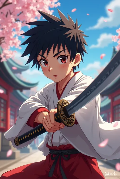 Anime style boy holding a samurai sword Japan