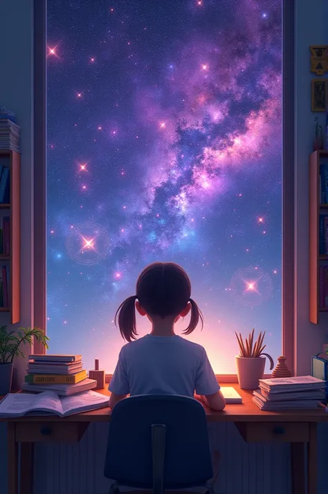 All months of 2024 Calendar with background of universe purple violet and blue light flowing in a study room where a girl is sitting and studying. 