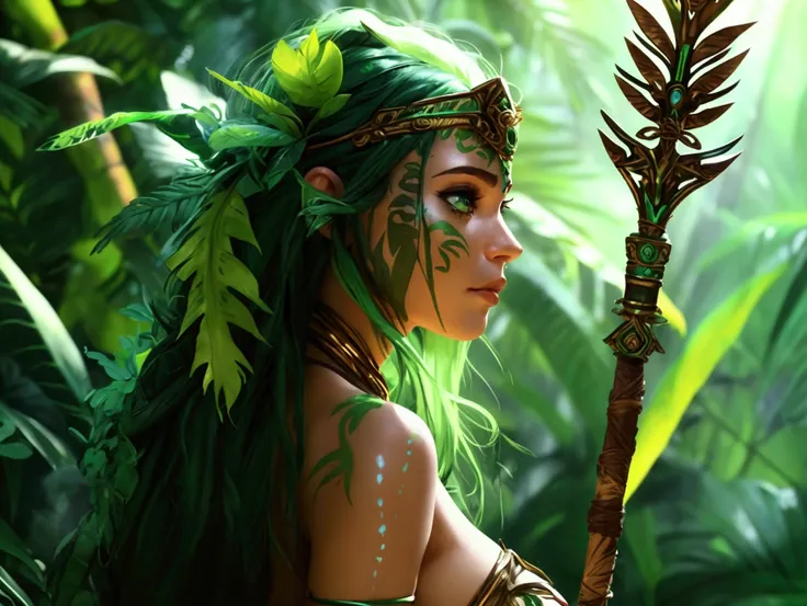 A beautiful green-haired amazon woman in the jungle with a tribal spear, detailed face, realistic, intricate details, epic, cinematic, dramatic lighting, lush environment, vibrant colors, masterpiece