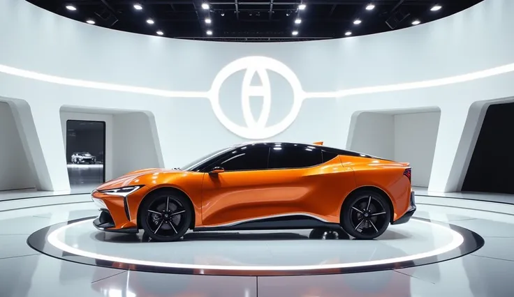  orange color 2025 Toyota land hopper showroom background logo in 2025 Toyota land hopper car Luxurious showroom 