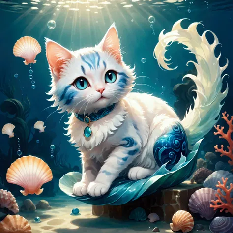 (a cute cat genie with a translucent blue body, resembling flowing water, floats gracefully in the air. small seashells and cora...