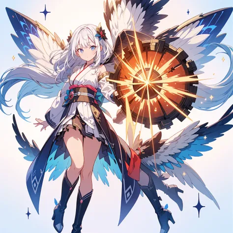 (masterpiece, Highest quality), (perfect athletic body:1.2), (Thin Hair), Very detailed, Anime Style, whole body, alone,  Gothloli kimono, Fairy Wings,Magical girl、Magic giant wand、  White hair and brown skin, High Boots,Floating in the blue sky, High heel...