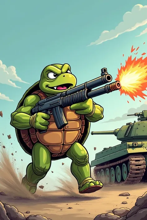  Cartoon Turtle with a machine gun runs at a tank and dodges a projectile