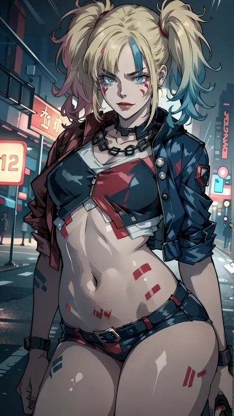 harley quinn from suicide squad, slim body, short hair, erotica, gun in hand, at full height (body full 1.1.), smile with a grin...