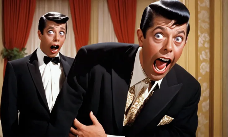 comedy horror (Extreme complexity, multiple subjects) (subject 1:Jerry Lewis (age 30, formal suit, silly expression)), he is looking to the viewer and comically trying to escape (subject 2: several cute yuna vampires (pale, naughty ;ingerie, bog sharp teet...