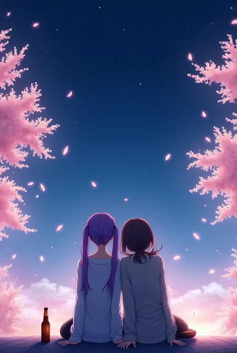 Under the cherry blossoms at night, a woman with purple pigtails and a woman with medium-long brown hair are sitting shoulder to shoulder.　Gazing at the starry sky　There&#39;s a beer next to it