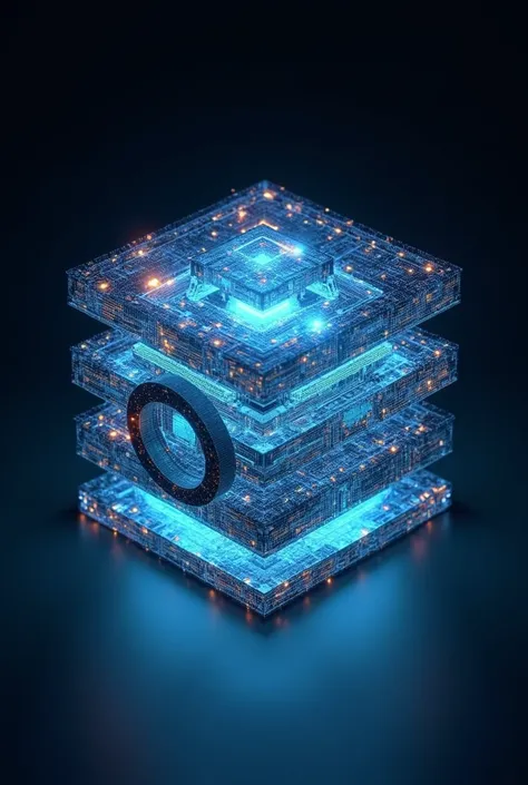 A 3D glowing cube with layers representing different digital tools and skills, each layer highlighted with tech elements like pixels, binary code, or futuristic light patterns.