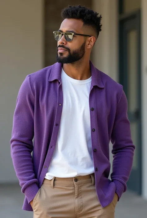 A man with purple ribbed cardigan with a white crew t shirt and a khakhi woven cotton trousers 