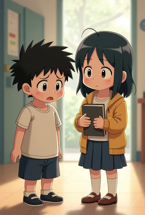 Nobita and Shizuka: An image of Nobita looking nervous while Shizuka, a kind girl, stands nearby with a worried expression, holding a book, symbolizing their school life.