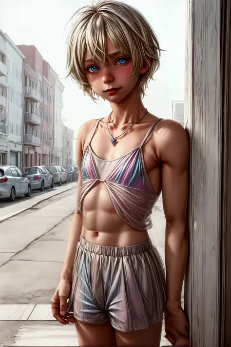 Anime style, Highres, Masterpiece, Best quality at best, Best Quality, hight quality, hight detailed, 1boy, (little boy), boy, blonde boy, blond Hair, perfect boy body, cute boy, detailed light blue eyes, detailed eyes, short hair, messy hair, pastel rainb...