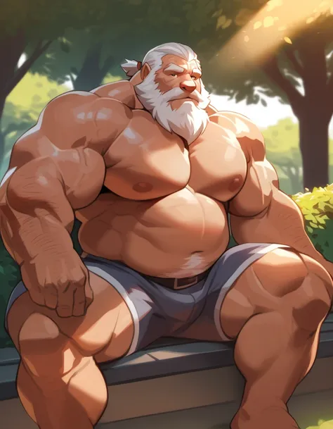 bara old man, strong physique, perfect anatomy, masterpiece, white beard, wrinkles skinned, sitting, solo, great lighting, short...