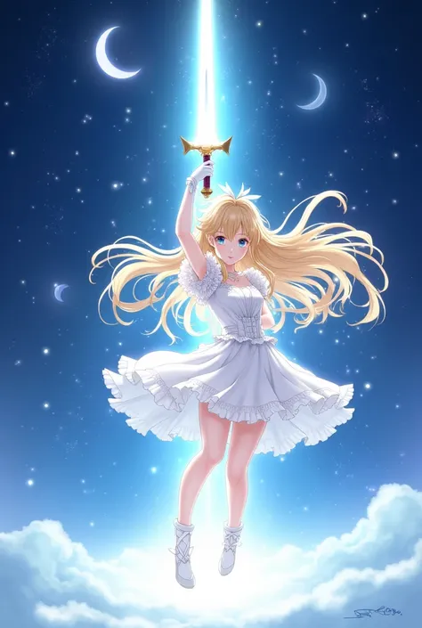 blonde long hair anime girl，White Gloves，short skirt dress，Night sky，holy sword