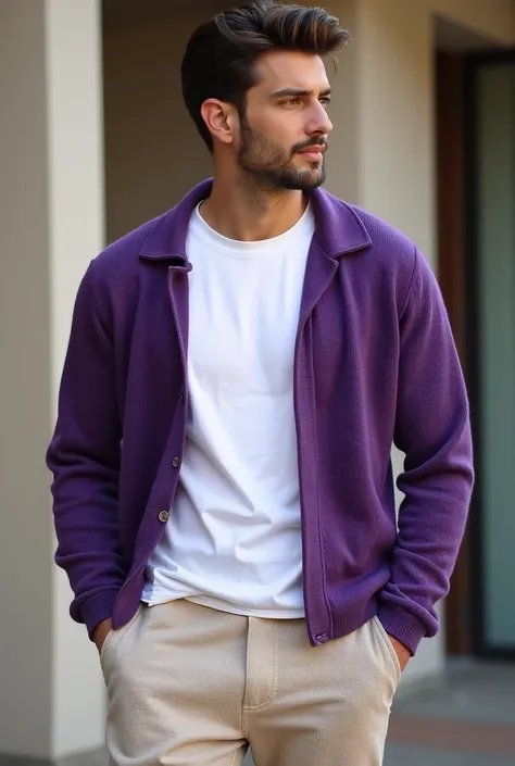 A man with purple ribbed cardigan with a white crew t shirt and a beige woven cotton sweatpants 