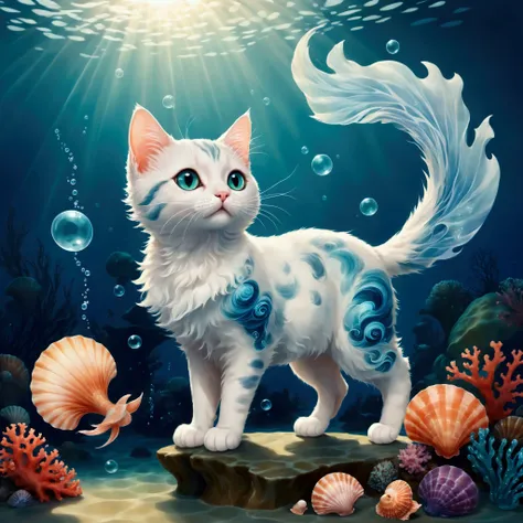 (a cute cat genie with a translucent blue body, resembling flowing water, floats gracefully in the air. small seashells and cora...