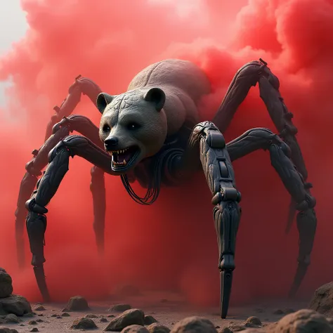 Spider with a bear&#39;s head, spider&#39;s body and legs, futuristic design, red smoke, realistic markings all around.