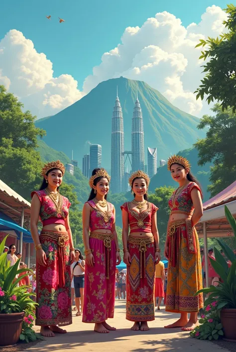 Malaysians wear Chinese clothing, Malay clothing and Indian clothing, women&#39;s clothing, Dayak clothing, Kadazan village clothing in Malaysia with the backdrop of Mount Kinabalu, petronas twin building
