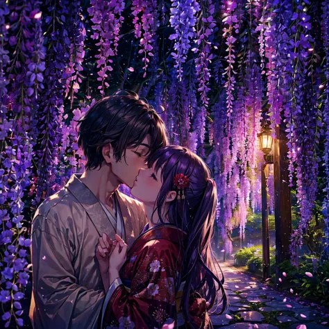 a man is kissing a woman in the wisteria forest,  dark night, , (Beautifully Aesthetic:1.2),wisteria, peace, tranquility, serenity, petals, red kimono