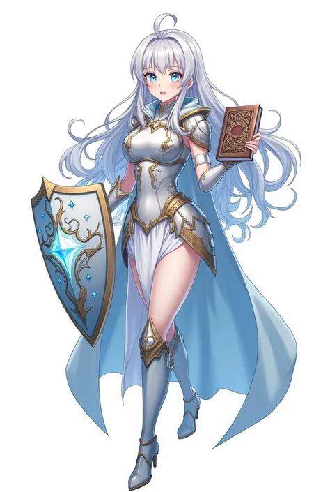 in anime style, num fundo branco, create a full body image of a young and attractive princess, with long silver hair that falls in waves, reflecting light in an ethereal manner. Their eyes, deep blue, convey a burning ambition and an air of determination. ...