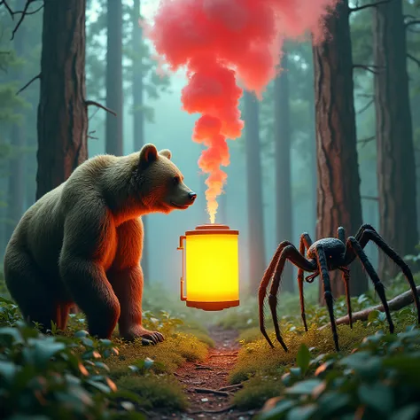 Bear and spider stand together. There is a yellow box containing chemicals in a square shape. There is red smoke coming out of the box. The background is a forest. Futuristic style. Realistic.