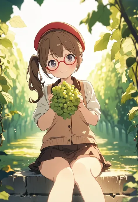 1girl,, brown hair,black eyes, ((red round eyewear)), side ponytail,smile, blushful,(beret),mini skirt,zettai ryouiki,

BREAK
A young girl sitting in a sunlit vineyard, holding a bunch of ripe grapes in her hands, her eyes sparkling with delight as she pic...