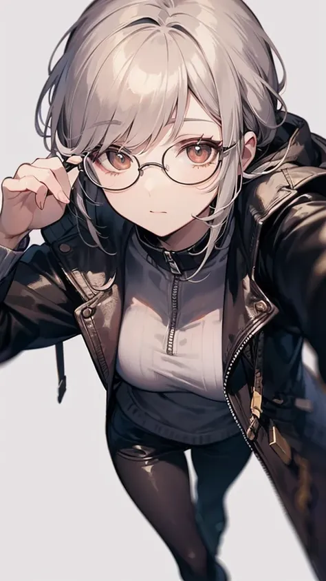 masterpiece, Concept Art, Center, Close-up shot, I like taking selfies, Head to Toe((Must)), Low contrast, A Russian woman in her early 20s with grey hair, Cyberpunk Fashion, Wearing simple glasses, The background is mocha brown.