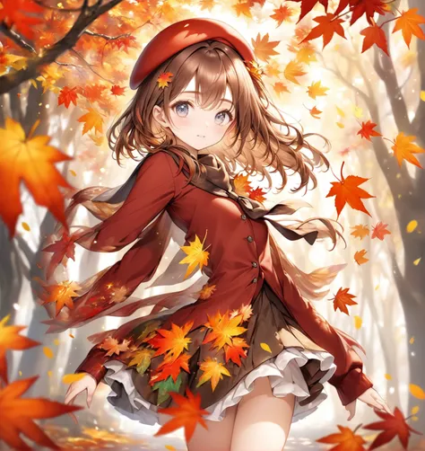 (Best Quality,8k,32K,masterpiece,Ultra-high resolution :1.2 ),born,One girl,Super cute,Natural Light,Clear, shining eyes,20 years old,Fair skin，A fantasy background of the digital world resembling autumn leaves and maples,Brown Hair，Beret，