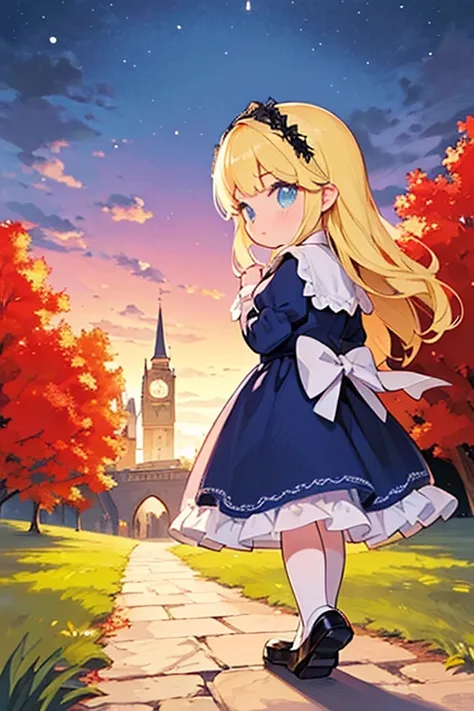 virginia otis,very young ，1 person， (blonde, blue eyes), thin, cute face, an evening stroll at canterville castle (novel「the can...