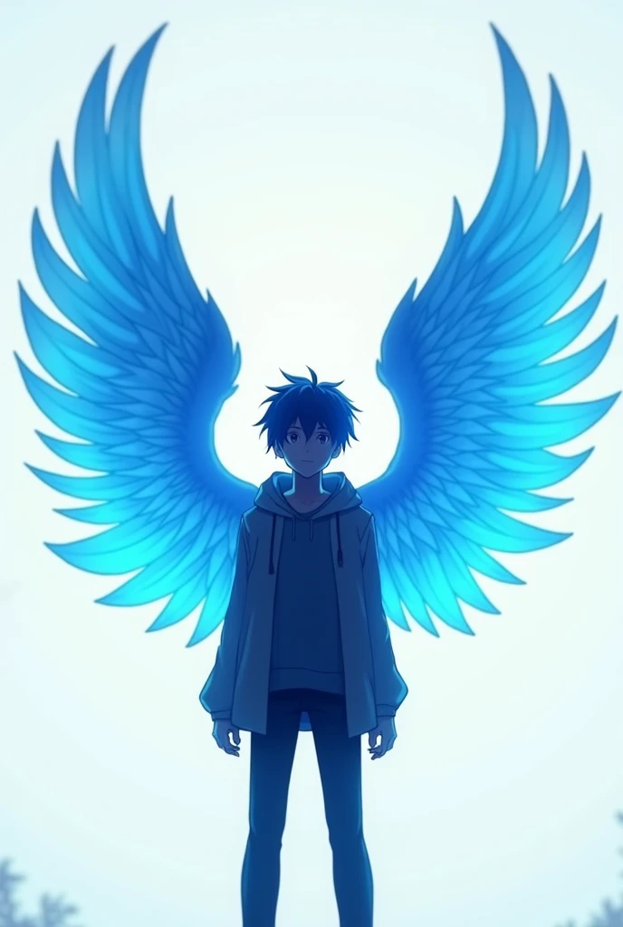 Logo format 4:3, angel wings, colour of wings blue, a anime boy standing between the two wings, aesthetic , for gaming channel