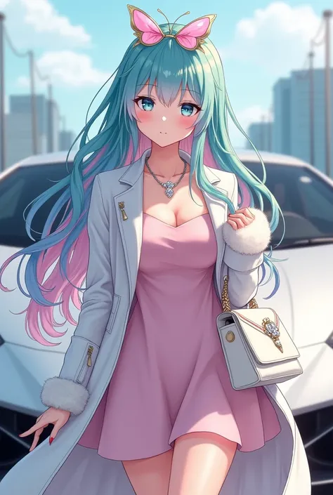 A full body picture of a beautiful anime girl.  She has long turquoise hair mixed with pink and blue hair.  She has blue eyes . She is wearing a baby pink coloured dress .she is wearing a long white leather coat with fur. She is wearing a diamond necklace....