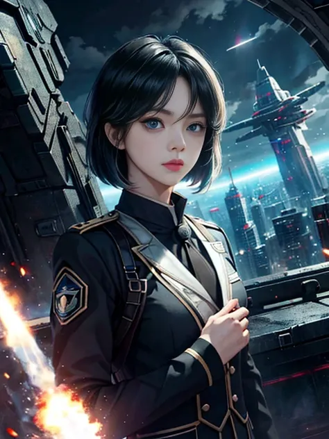 Official Art、Best Quality、High resolution、Science fiction movies、Adult women、 2、Dark blue eyes、Black short bob、uniform、Formal Wear、Formal Hair、uniform、Formal Wear、礼儀正しいuniform、Serious face、Sharp Eye、Realな顔解像度、Real、High resolution objects、The background is ...