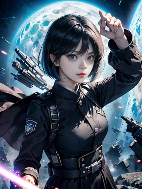 Official Art、Best Quality、High resolution、Science fiction movies、Adult women、 2、Dark blue eyes、Black short bob、uniform、Formal Wear、Formal Hair、uniform、Formal Wear、礼儀正しいuniform、Serious face、Sharp Eye、Realな顔解像度、Real、High resolution objects、The background is ...