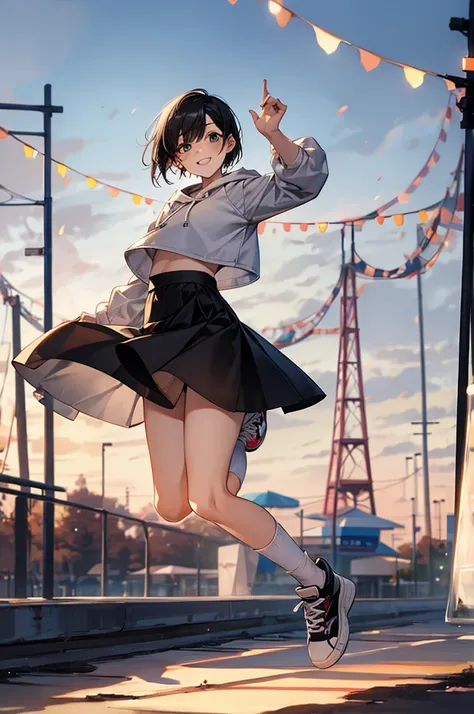 Best Quality, One person,Androgynous men,Flat Chest,Black Hair,Short Bob Cut,See-through,race,White open-front hoodie,Puffy culottes skirt,Ribbon on waist,Stylish skirt,Short socks,Big sneakers,弾けるsmile, Jumping energetically,wind,smile,Portraits, Shooting...