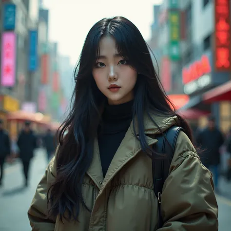 (best quality,4k,8k,highres,masterpiece:1.2),ultra-detailed, Korean Goddess Eopsin as a college student, Kim Go-eun, black hair, rich girl, bulky jacket, on a city street, Arrogant smile on her face, looking at viewer, HDR, 8k, absurdres, cinestill 800, sh...