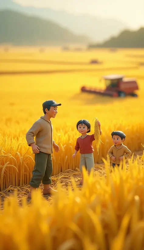 Miniature Landscape，Clay Figures，The background of this painting is a huge golden rice field，A harvester is harvesting rice in a rice field。There are several children holding rice on the ground，Bright as main color，From the sky，鸟瞰图Miniature Landscape，Clay ...