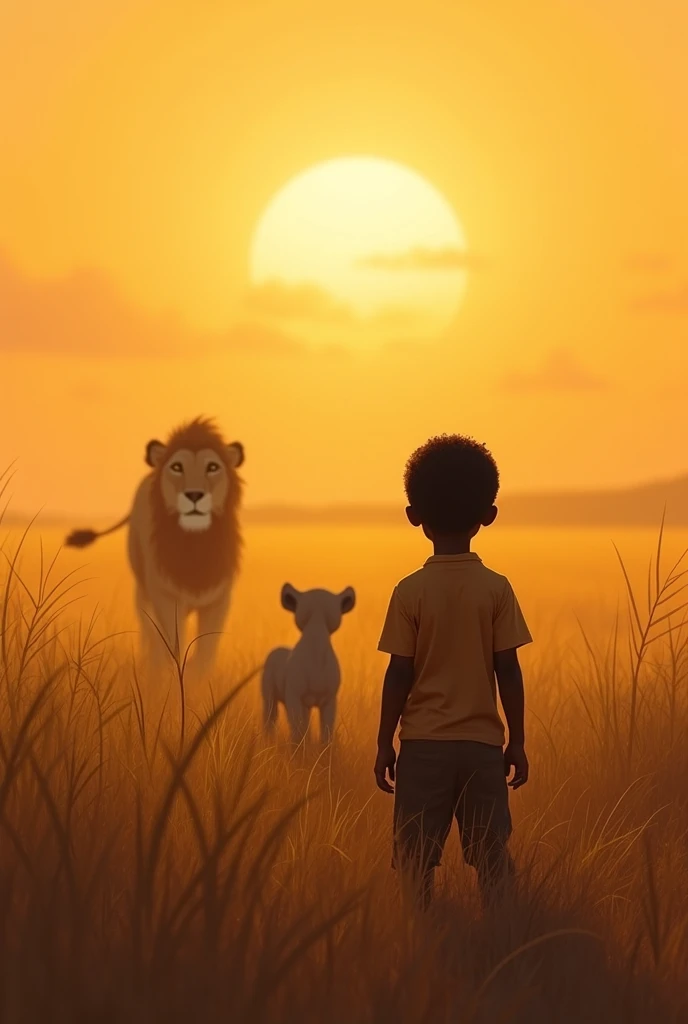 A young boy Kofi watches from a distance as the lioness and Simba disappear into the savannah sunset, their silhouettes fading into the golden light.
- Style: Soft, warm colors, evoking a sense of nostalgia and new beginnings.