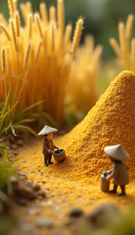 Miniature scenes of rice harvesting, grain piles filled with golden grain and small people carrying water, microphotography with macro lens in natural light, warm tone, Rich details, full color. Hard working farmers are surrounded by piles of golden ears o...