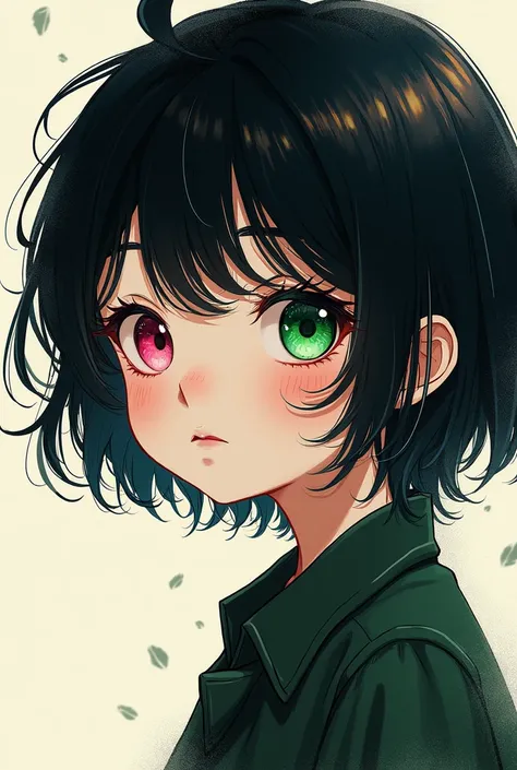 Create an image, a child&#39;s manhwa style,  with heterochromia in the eyes, one eye pink and one dark green, black hair