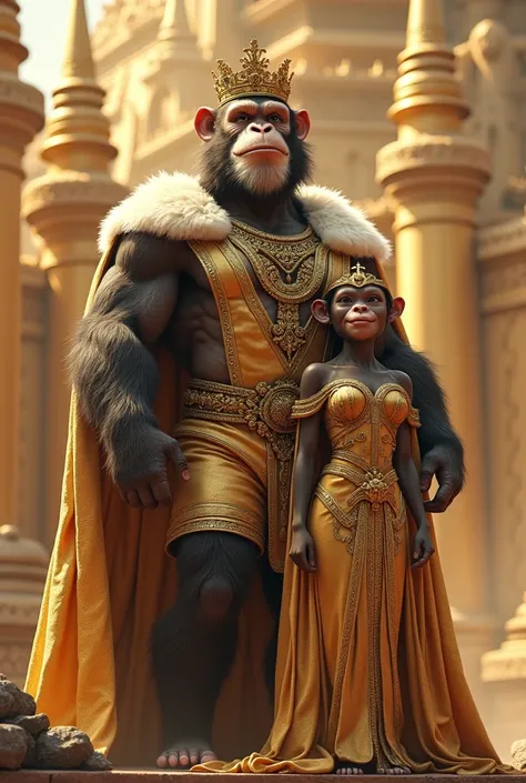 A big monkey human bodybuilder the king dress,  a woman monkey   the queen dress, both joy, gold fort background 
