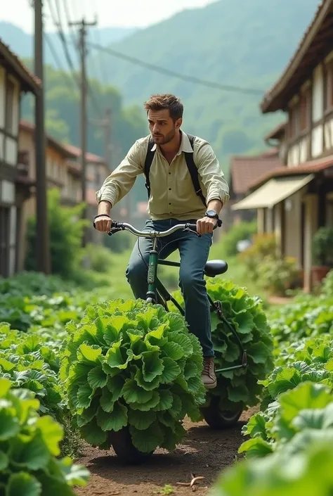 A man is sitting on a bicycle and the bicycle is made of cabbage and there is a village behind him.