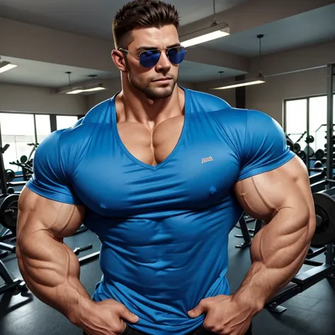 hyper muscles, a very handsome young man, sunglasses, wearing a blue t-shirt, exaggeratedly muscular, exaggeratedly huge muscles...