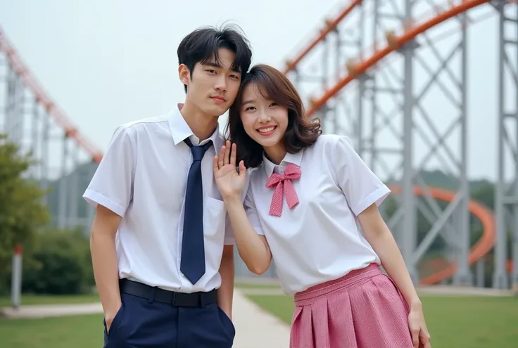 A photo of a Korean couple in their 20s taking a commemorative photo in front of a roller coaster at a theme park. The man is playfully headlocked by woman and bending at waist. The man has a distressed expression and the woman is very happy. Two people we...