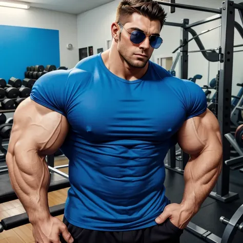 hyper muscles, a very handsome young man, sunglasses, wearing a blue t-shirt, exaggeratedly muscular, exaggeratedly huge muscles...