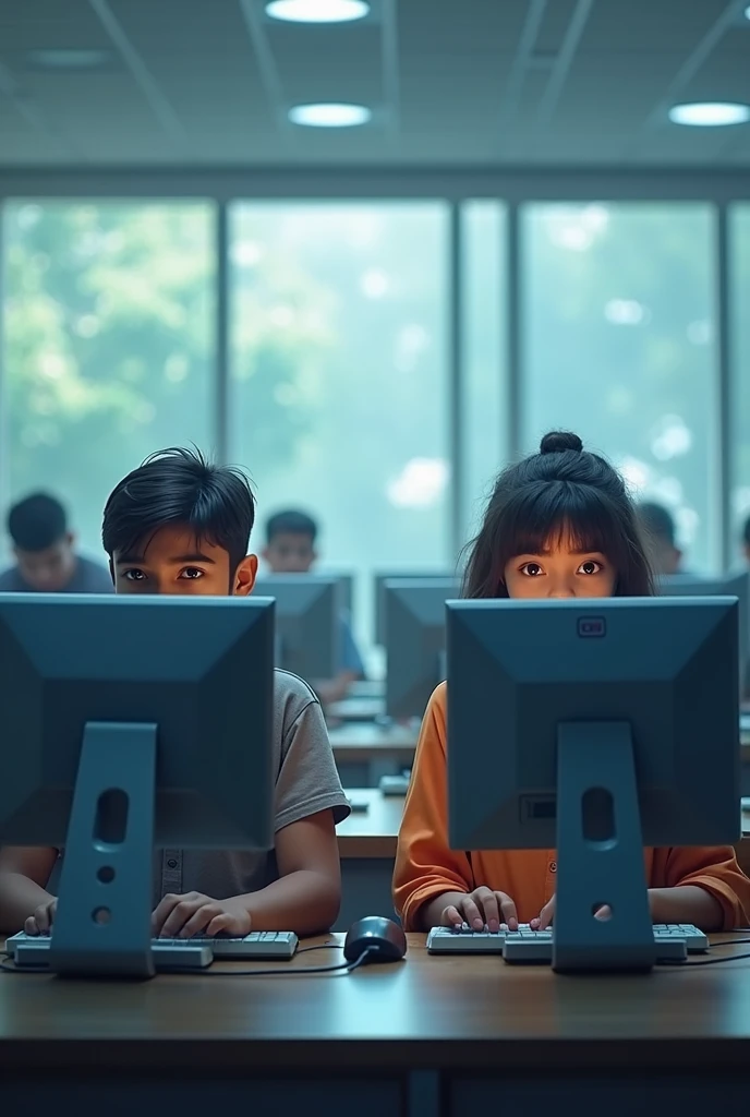 Boy and girl sitting on opposite side in computer lab type text charan and shruthi in between