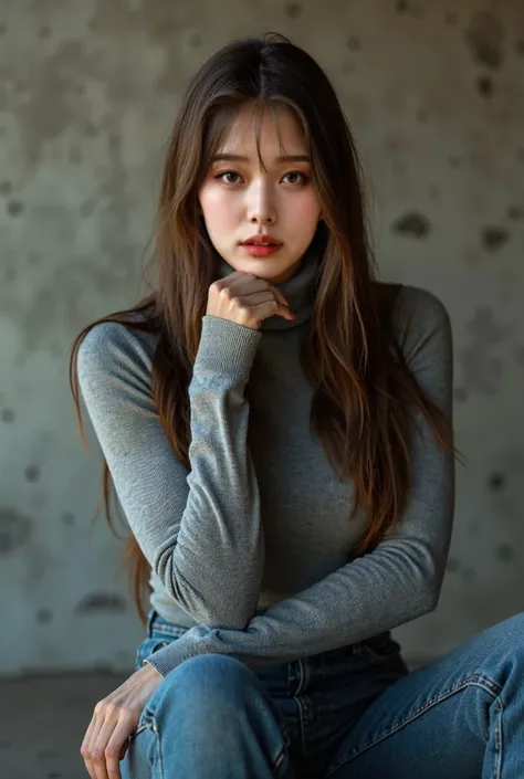 Best Quality, 1 Beautiful Woman, 2, S, 35mm Lens,, Cowboy Shot, Concrete Background、Mortar style background、Grey turtleneck knitwear、Mortar wall,From below、Straight Hair、Straight Hair、Shiny Hair,Smooth Hair、Denim pants、hand on own chin