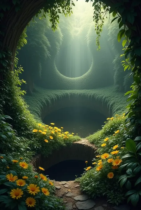 A round space, a sort of hole, surrendered by plants, yellow flowers, very very dark at the bottom, light at the top