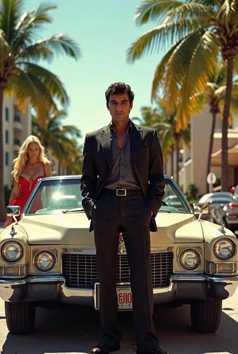 front view, by Tony Montana aka Al Pacino in Scarface,standing, in front of his Cadillac convertible with a blonde woman next to him,on a street in Miami with palm trees, deluxe hotel,