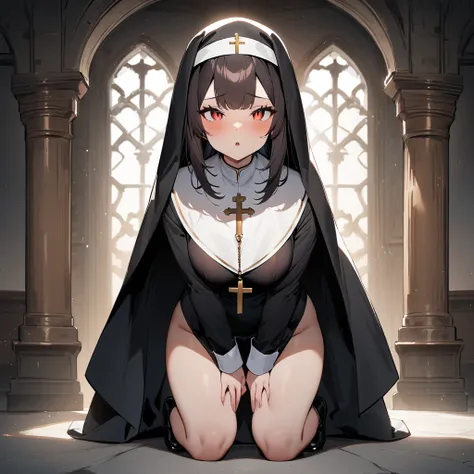 nsfw,(1girl),Nun,dark hair,slit_pupils,huge,cowboyshot,masterpiece, best quality, very aesthetic, absurdres,black hair,brown hair,front View,black eyes,red eyes,straight-on,cross,habit,Monastery,(Kneeling:1.5)