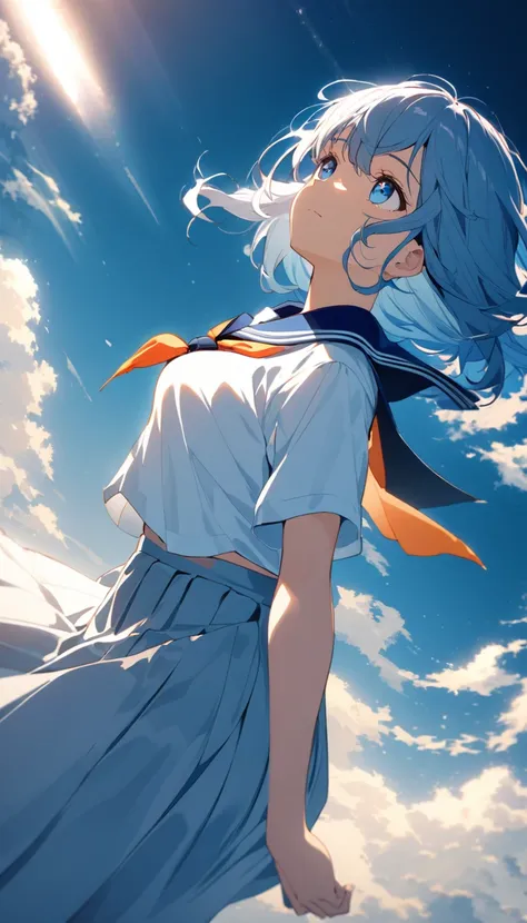 A vivid anime depiction of a girl with casual hair and striking blue eyes. Wearing a classic Japanese school uniform, featuring a blue sailor blouse and an orange neckerchief, she gazes into a sprawling sky. The background is alive with soft clouds and rad...